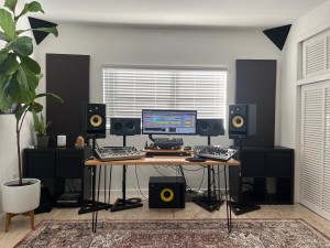 Christian “Tian” Jimenez uses KRK Rokit monitors and subwoofer while producing and mastering